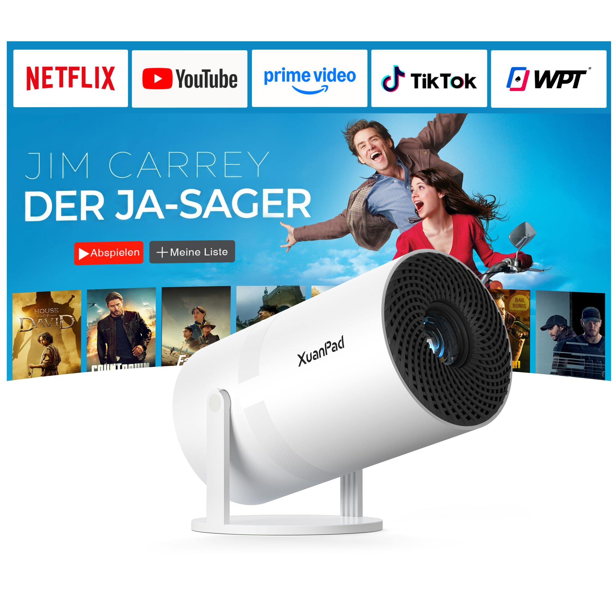 [Mini Beamer & Offizielle Lizenzierte App] XuanPad Weiß Smart Beamer 4K Unterstützung 22000 Lumen mit WiFi und Bluetooth, Tragbarer Native 1080P Outdoor Projektor mit 360° Ständer