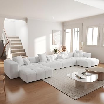 JACH 183.5 Inch U-Shaped Modular Sectional Sofas, Modern 4-Seater Couch with Chaise Ottomans, Mid Century Modern Sectional Couches, Cozy Sleeper Sofa for Living Room Linen Fabric, White