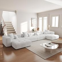 JACH 183.5 Inch U-Shaped Modular Sectional Sofas, Modern 4-Seater Couch with Chaise Ottomans, Mid Century Modern Sectional Couches, Cozy Sleeper Sofa for Living Room Linen Fabric, White