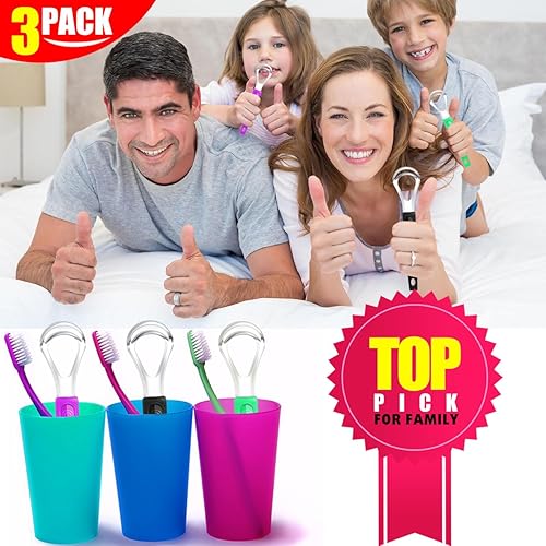 Miniatura 6 de Paquete de 3 raspadores de lengua de metal para niños y adultos, limpiador de lengua de acero inoxidable con estuche de viaje