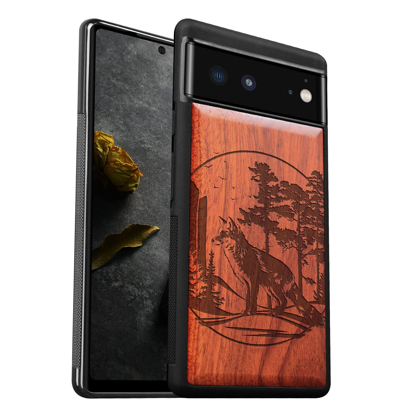 Carveit Custodia Google Pixel 6a In Legno Naturale Con Incisione Volpe E Boschi - Cover Antiurto TPU - Regalo Originale - 2