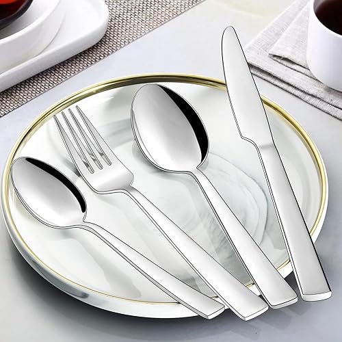 Miniatura 7 de Wildone Juego de cubiertos de 20 piezas, cubiertos cuadrados de acero inoxidable para 4, utensilios de comer, incluye cuchara, tenedor y cuchillo,