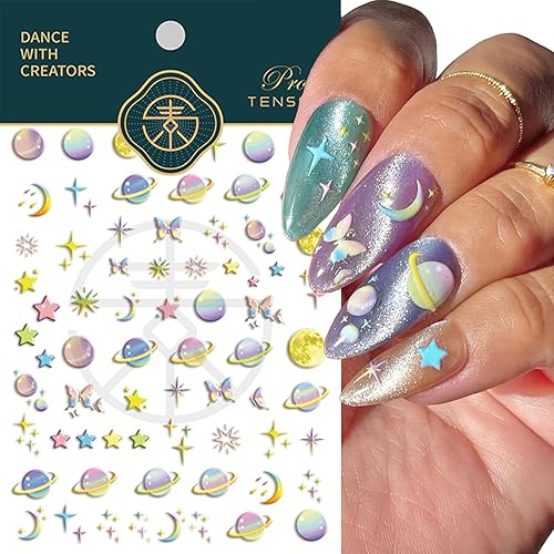 Miniatura 3 de Calcomanías de galaxia grabadas 5D para uñas, degradado, colorido, espacio, planeta, mariposa, diseño de macarrón, luna y estrella, calcomanías de