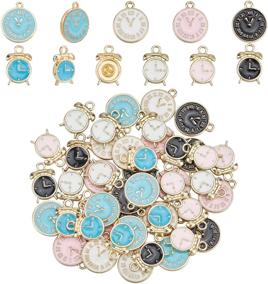 48PCS Alloy Enamel Clock Charms 8 Styles Alarm Clock Charms Pendants Bulk Miniature Watch Charm Jewelry Making Supplies for DIY Jewellery Crafts Decoration Necklace Bracelet Earrings Making