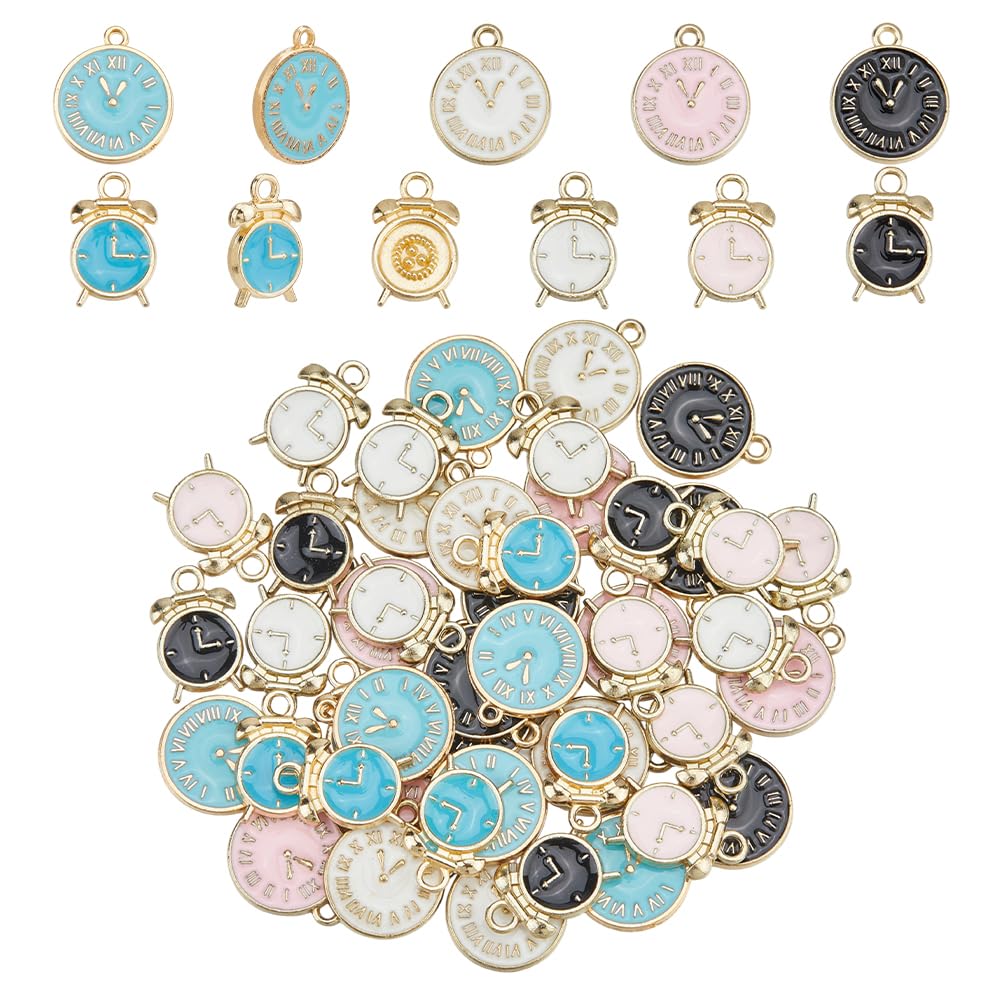 48PCS Alloy Enamel Clock Charms 8 Styles Alarm Clock Charms Pendants Bulk Miniature Watch Charm Jewelry Making Supplies for DIY Jewellery Crafts Decoration Necklace Bracelet Earrings Making