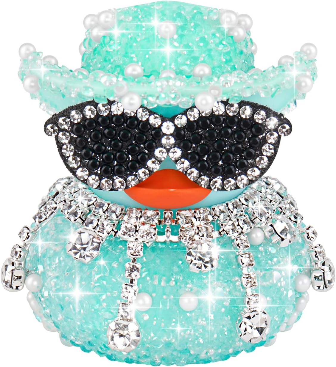 wonuu Cowboy Rubber Duck for Car Dashboard Decorations, Car Interior Dash Accessories Rhinestone Ducky with Sunglasses, Hat, Irregular Drop Fringe Choker (Light Blue)