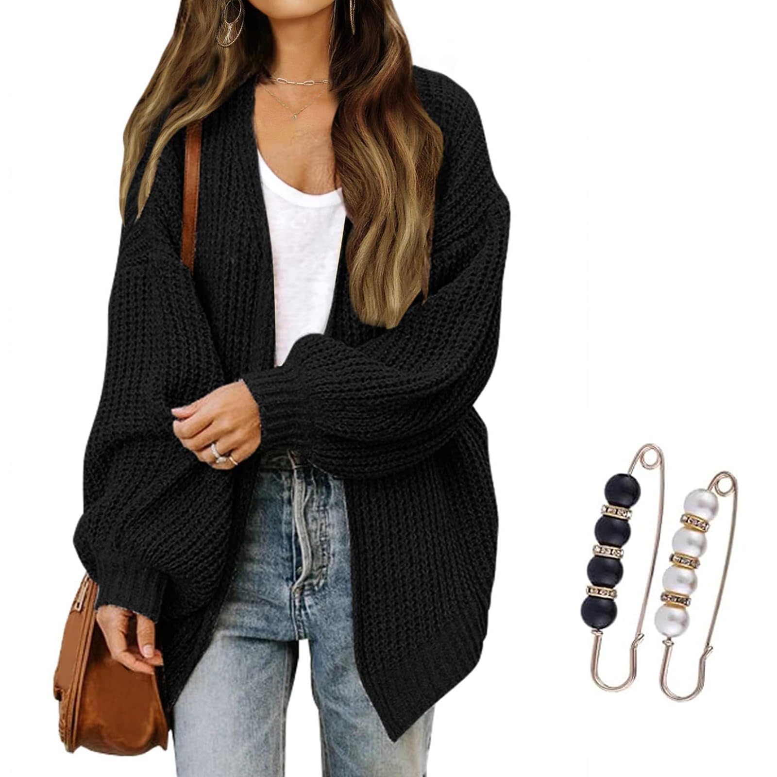 Nbzsmlkn Women's Black Cardigan Sweaters, Oversized Cardigans Long Lantern Sleeve Chunky Knit Loose Fall Sweater Coats,Casual Open Front Outwear Knitwear Coat (,2Xl)