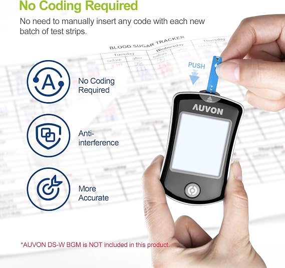 AUVON DS-W Draw-in Blood Glucose Test Strips for use with AUVON DS-W Diabetes Sugar Testing Meter (No Coding Required, 100 Count)