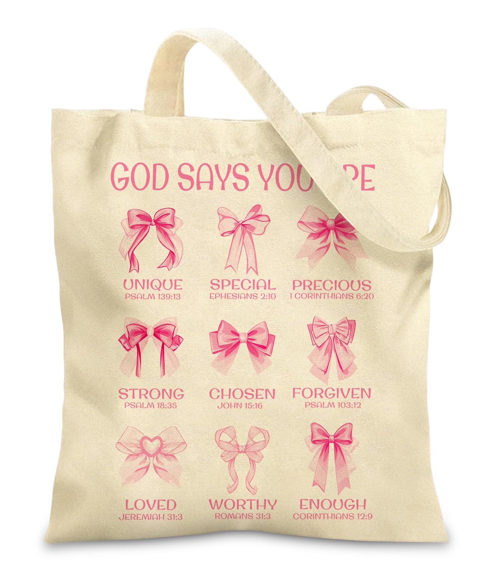 Bow Canvas Tote Bag for Women Girls Christian Reusable with Inner Pocket