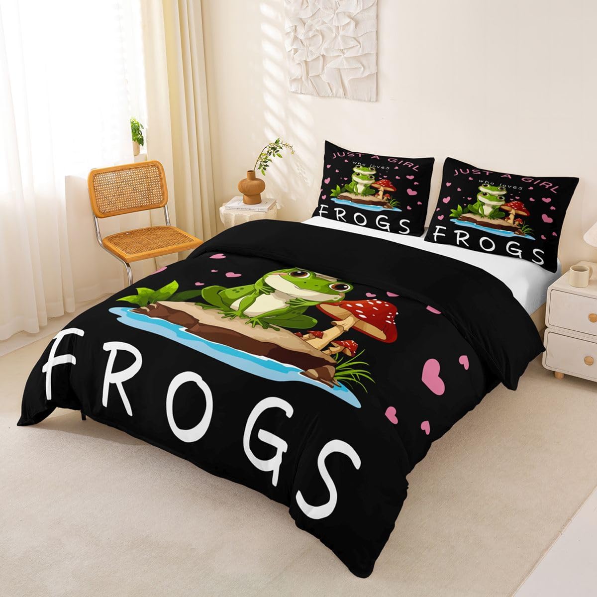 Feelyou Cute Frog Pattern Bedding Set Cartoon Frog Mushroom Print Comforter Cover for Kids Boys Girls Teens 3D Animals Theme Duvet Cover Breathable Bedspread Cover Room Decor Quilt Cover Twin Size