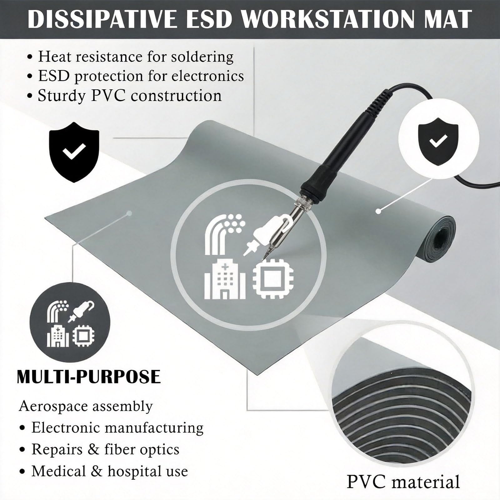 esd tischmatte 0,2 0,6 1 2 2,5 5 M Länge, Antistatische Matte Für Elektronik, Lötmatte Zur Statischen Entladung, ESD-ableitende Bodenpolsterrolle(T 3.0 mm,W L 0.5m x 0.6m)