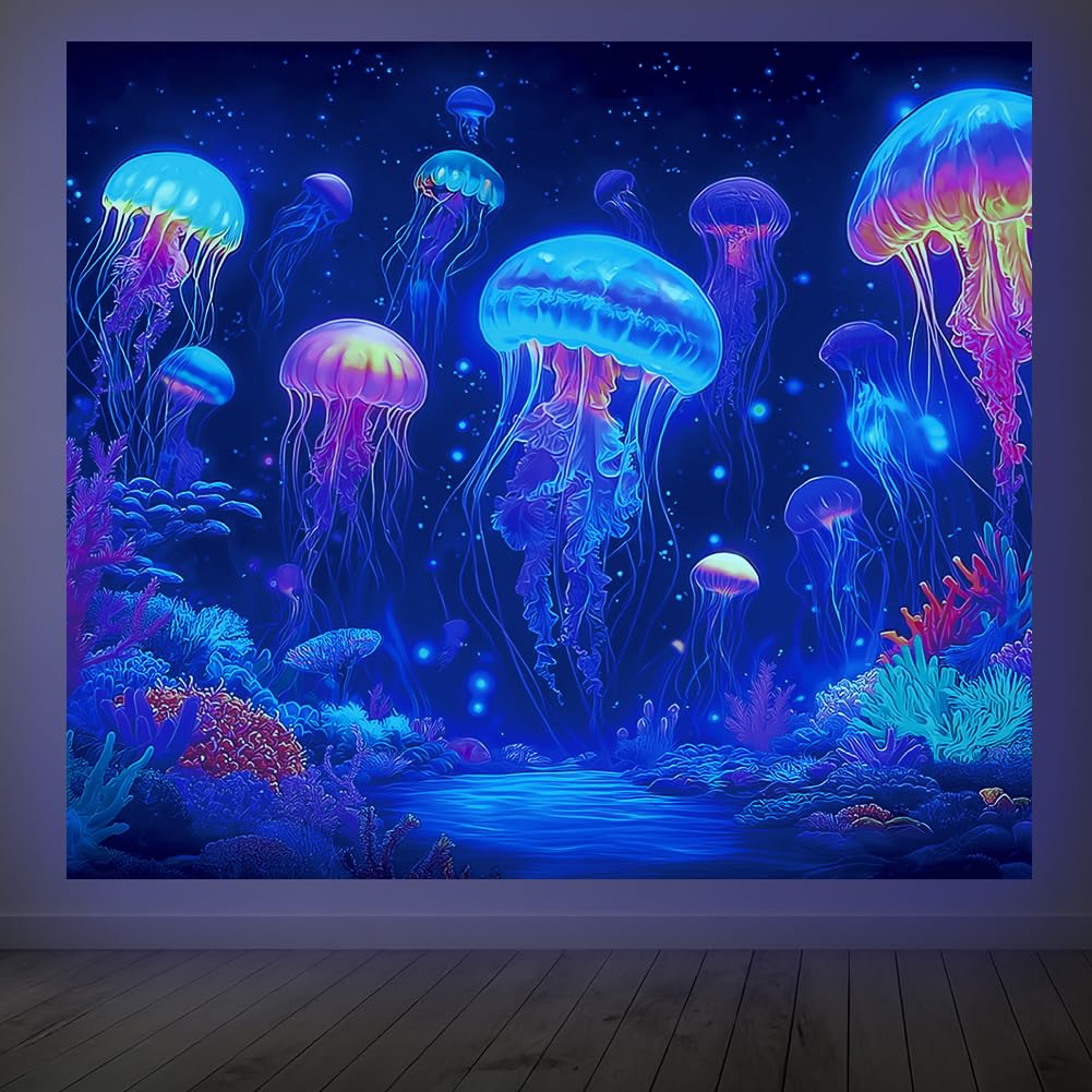 CRAFTYMELODY Neon Jellyfish Blacklight Tapestry Underwater Glow in the Dark Tapestry UV Reactive Ocean Theme Wall Hanging 59×51 Inch with Hook Self Adhesive Sticker Clip for Home Wall Decor