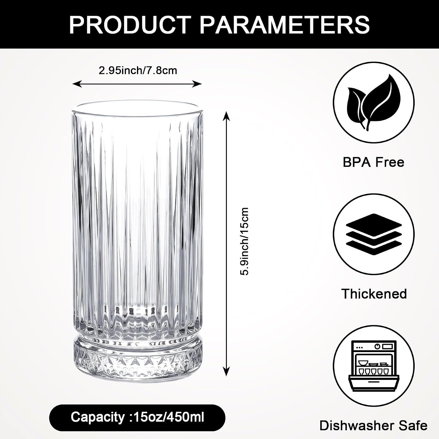 Highball Glasses Ribbed Drinking Glasses Set of 6 Drinkware 15 oz