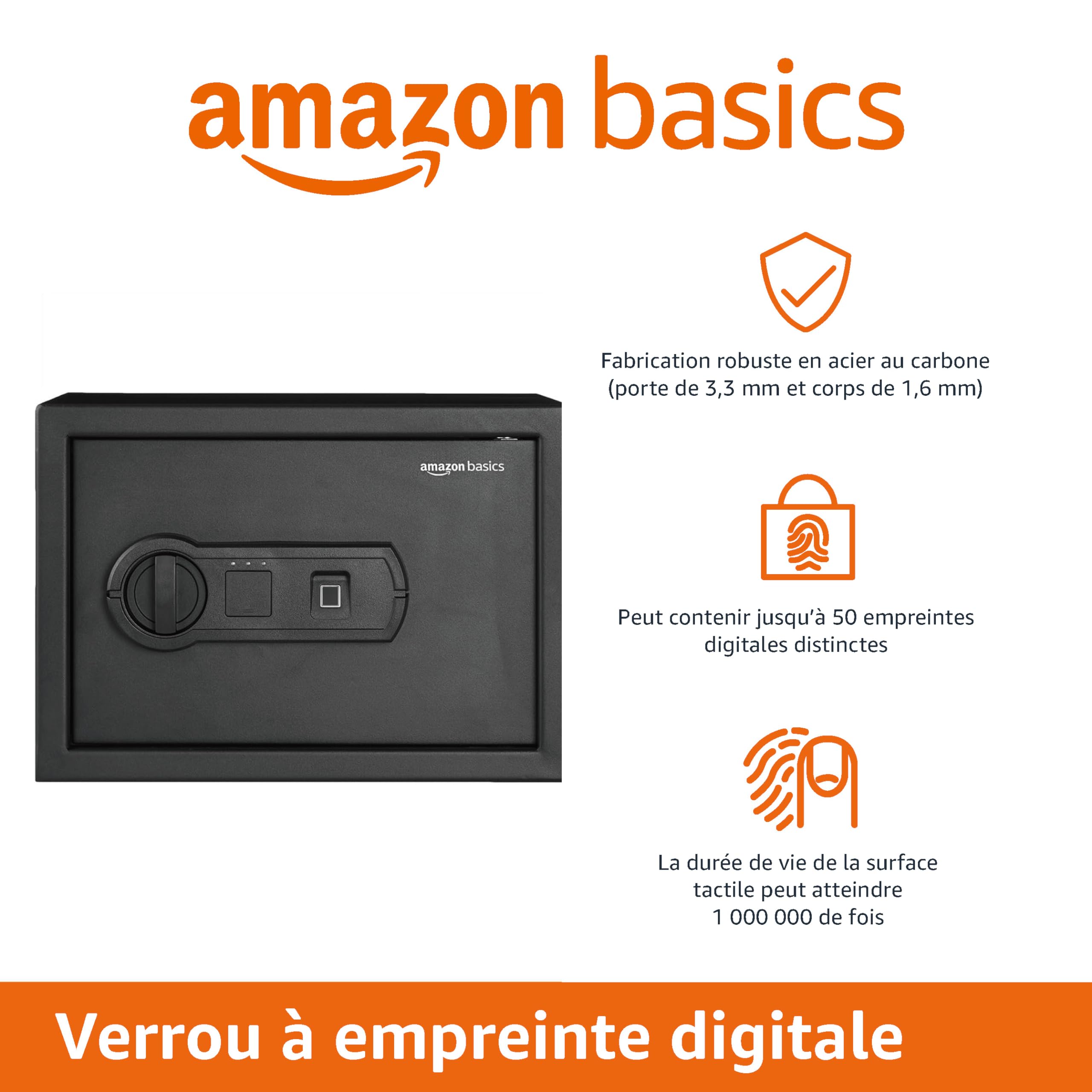 Amazon Basics Coffre-fort domestique en acier avec serrure biométrique programmable par empreinte digitale, pour argent liquide, bijoux, documents d'identité, 14 L, noir, 35 x 25 x 25 cm (L x P x H)