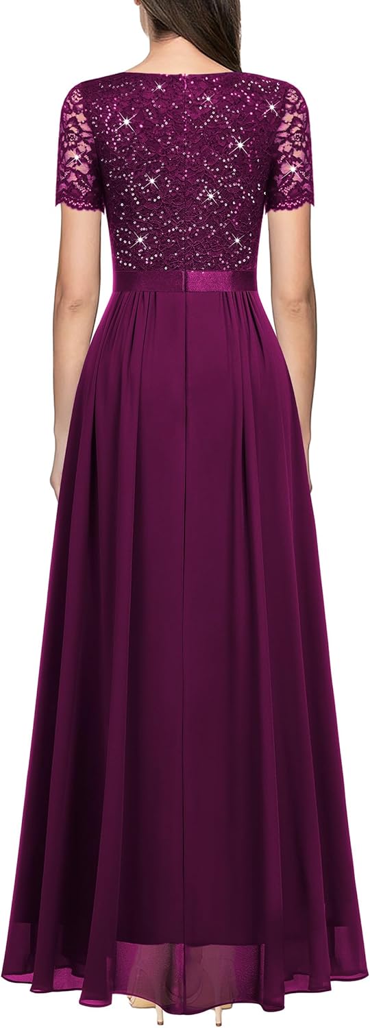 Miusol Women's Classy V-Neck Ruffle Floral Lace Hem Trim Sequined Maxi Bridesmaid Dress (Medium, Maroon) - Image 2