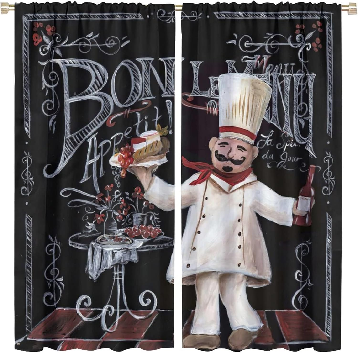 Vintage Kitchen Chef Rod Pocket Blackout Curtains for Bedroom - Abstract Medieval Fat Chef Window Drapes,Thermal Insulated Room Darkening Curtains 2 Panels 45L x 21W