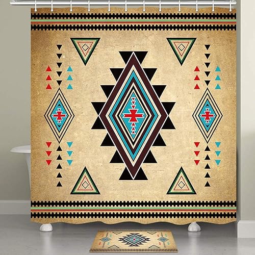 Southwestern - Cortina de ducha y tapete de baño de tela de poliéster con patrón étnico navajo azteca retro nativo americano del suroeste nativo