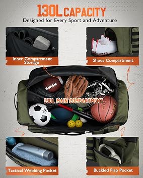 Gonex 130L Extra Large Duffel Bag, Convertible Travel Duffle | 3-Way Carry Design, Shoe Compartment, 5-Zip Organization, Sports & Family Travel, Army Green