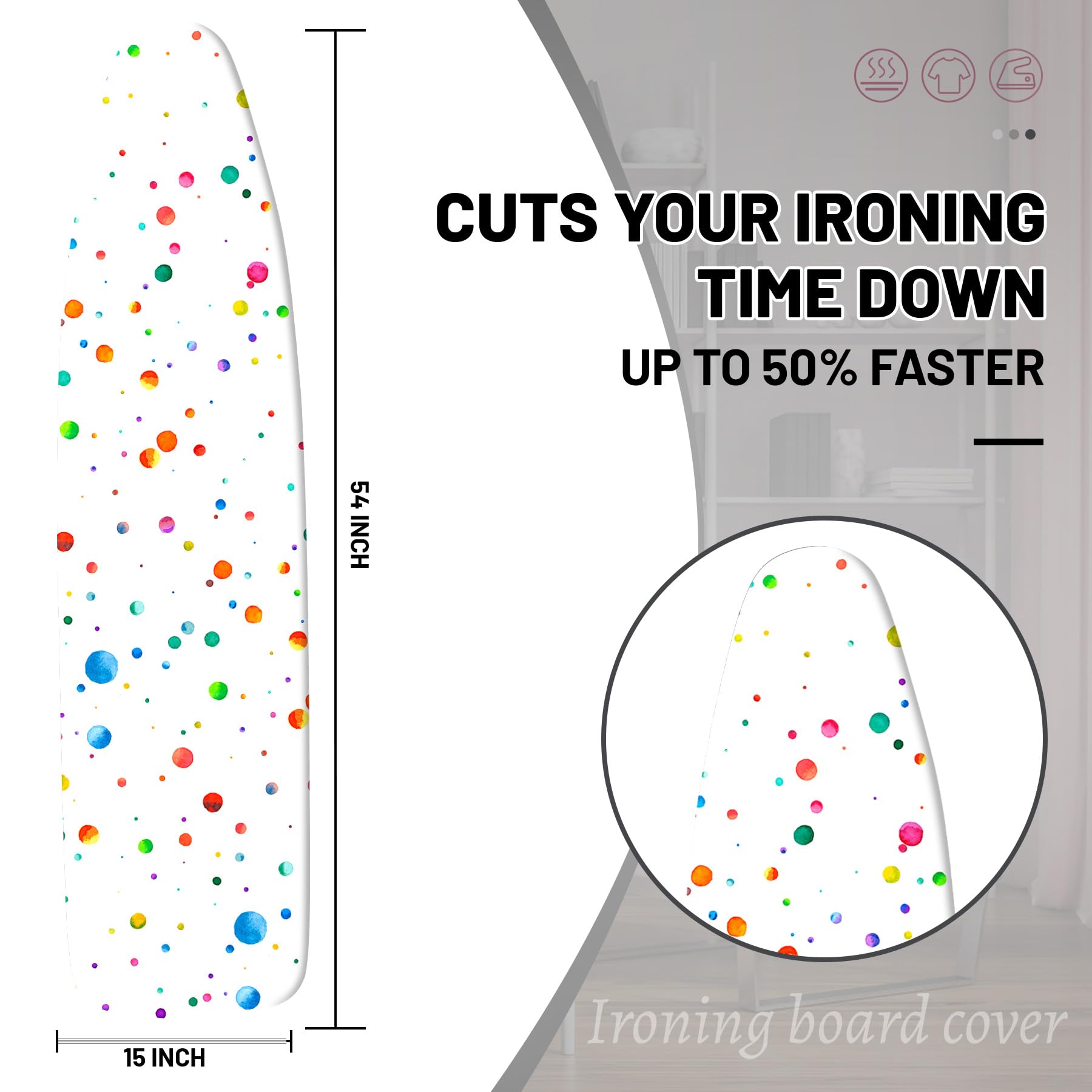 Extra Thick Ironing Board Cover and Pad, Colorful Polka Dot 15x54 Ironing Board Cover, Resist Scorching and Staining,Elastic Edges,Farmhouse Watercolor Color Point