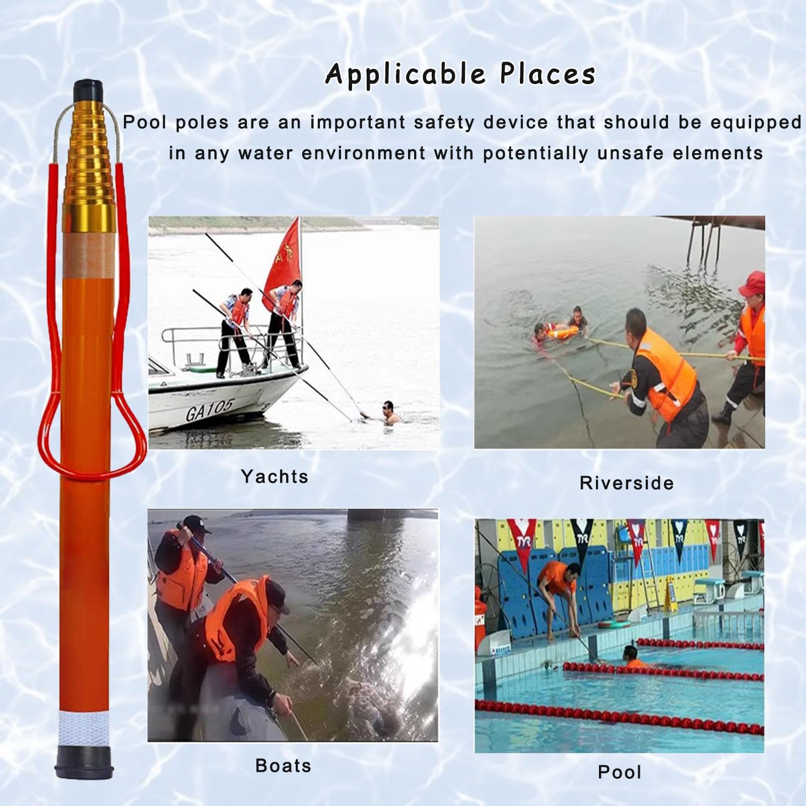 Pértiga de salvamento para piscinas Mástil Barra De Salvamento Ajustable Para Piscinas, Barra Salvavidas Acuática Con Mango Antideslizante, Barra Telescópica Portátil Con Banda Luminosa Y Reflectante