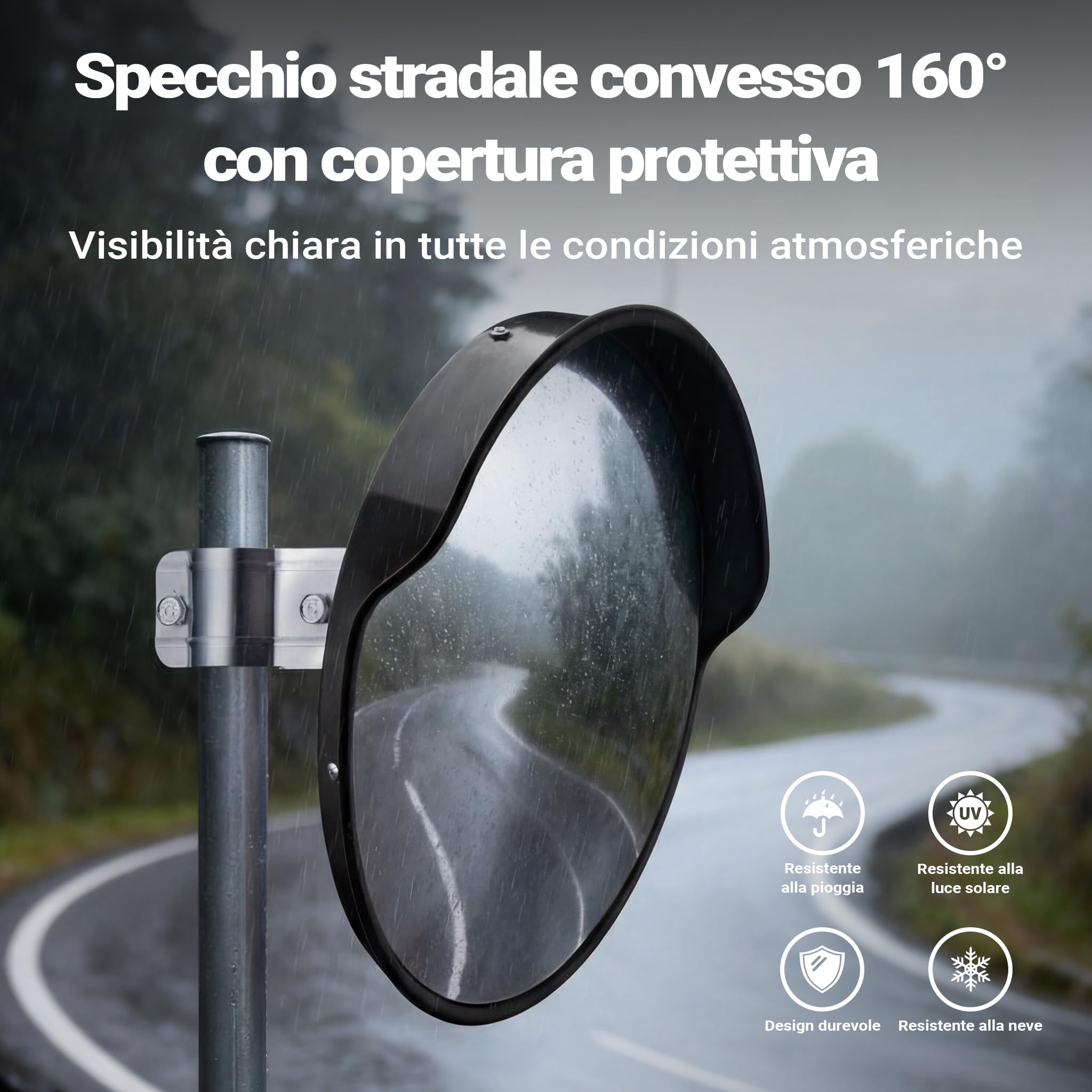 Wiltec Specchio stradale convesso 80 cm con bordo di protezione nero, specchio parabolico rotondo con campo visivo di 130°, per manovre all'esterno, materiale di montaggio incluso