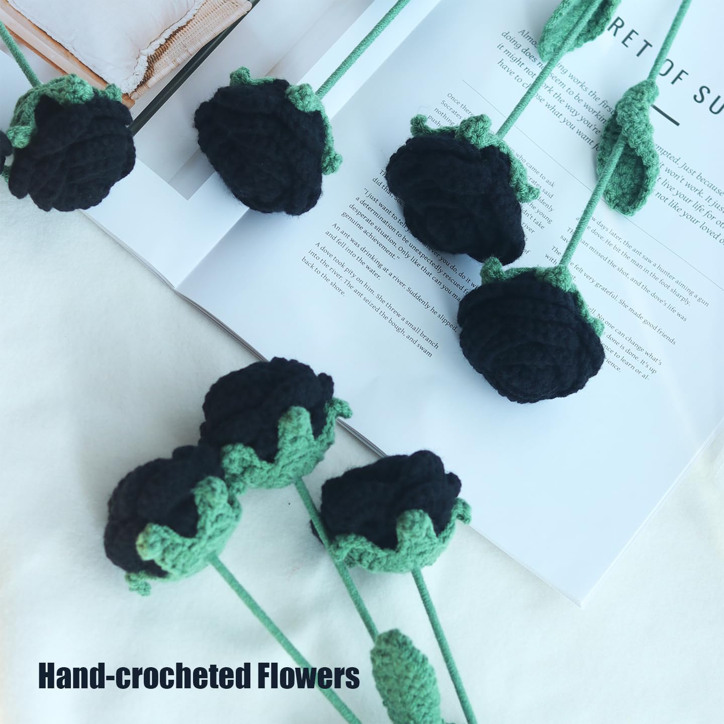 Crochet Roses, Crochet Flowers, Handmade DIY Crochet Flowers Bouquet for Home Decor, Weddings, Birthdays, Gift for Her, Lover, Girl Friend, Family, Friends(10pcs,Black)