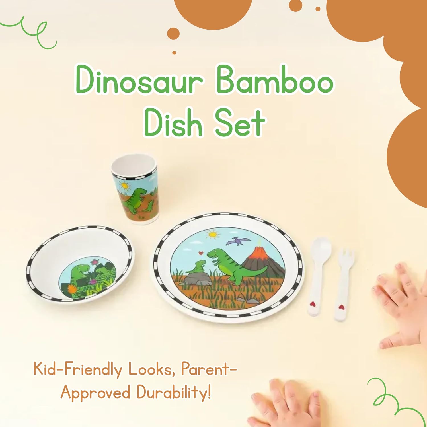 Jack Rabbit Creations Kids Dinosaur Bamboo Dinnerware Set - 5-Piece, Dishwasher Safe, BPA-Free