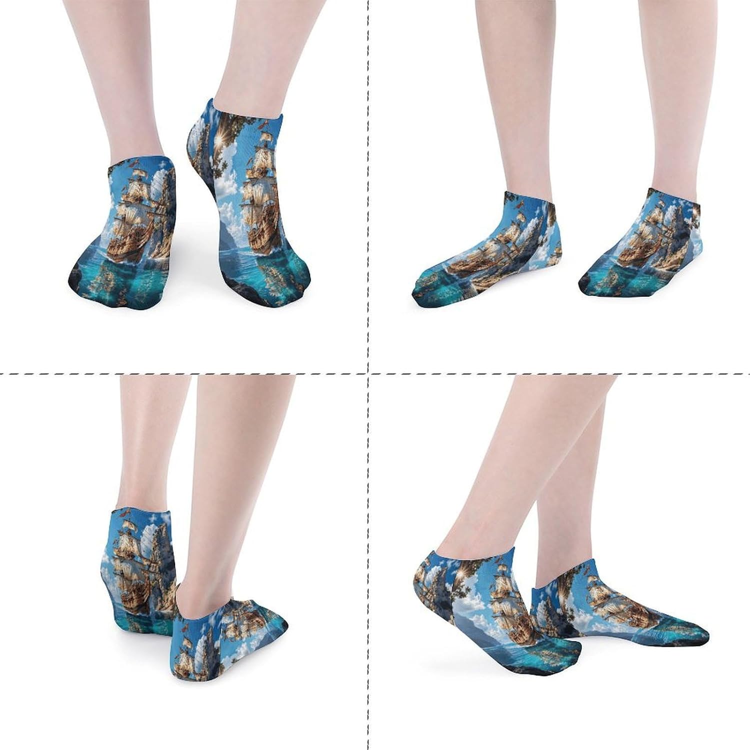 Coastal Sailboats 5Pairs Low Cut Ankle Socks for Women No Show Casual Breathable Athletic Socks for Sport