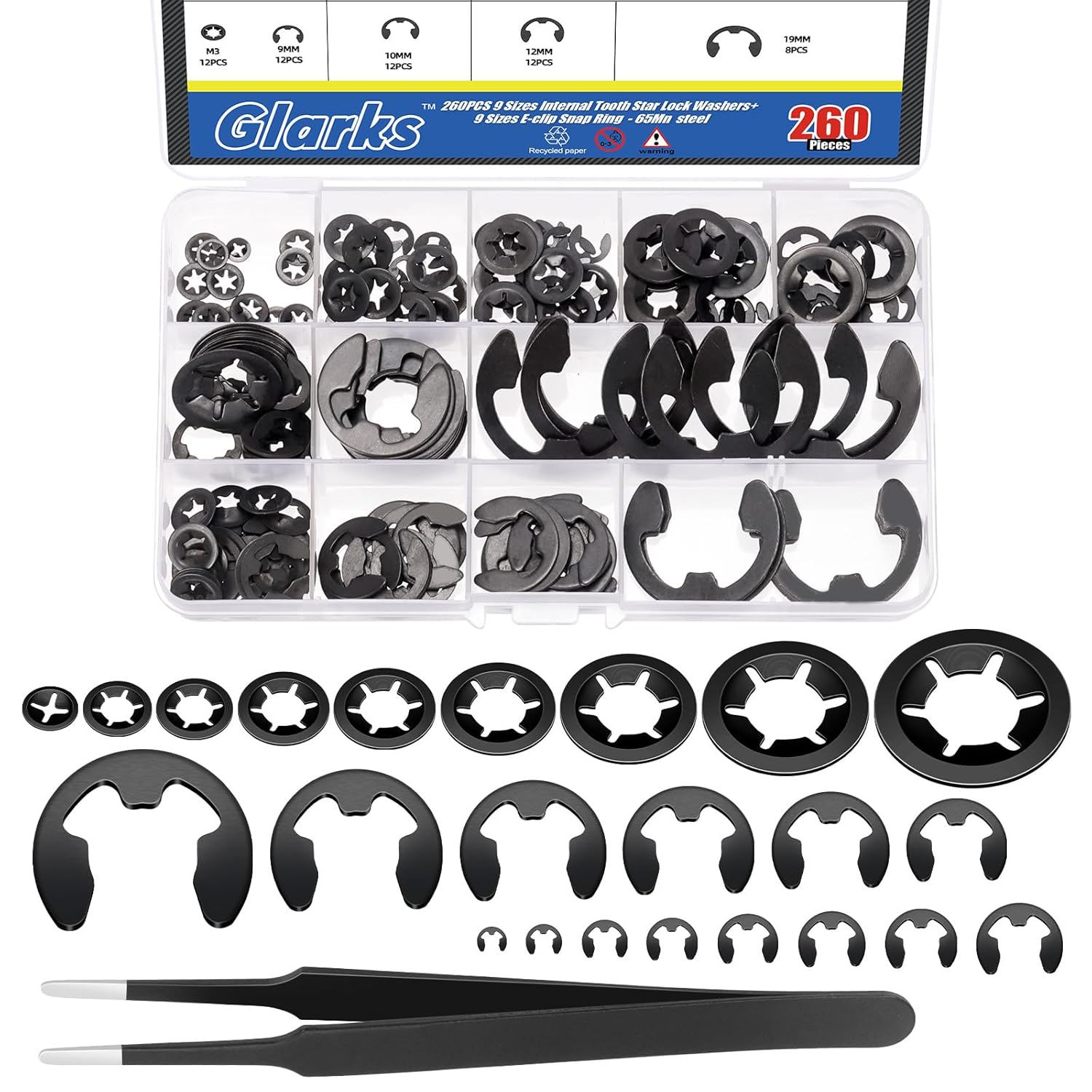 Glarks 261pcs 65Mn-Steel Internal Tooth Star Lock Washers and E-Clip Retaining Rings Kit Includes 100pcs 9 Sizes Push on Locking Washers and 160pcs 14 Sizes E-Ring Circlip Rings and A Tweezer