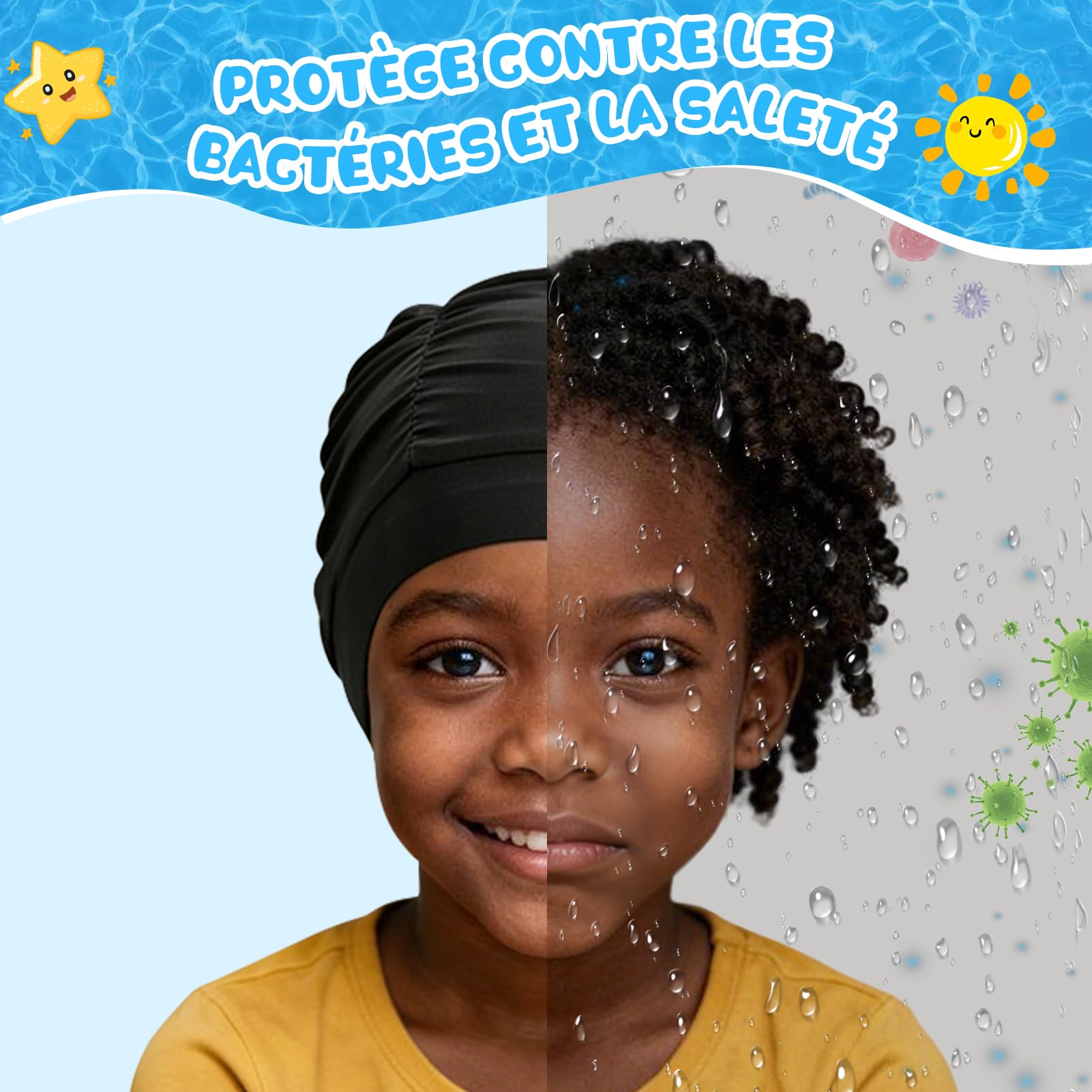 Kiiwah 2 Pièces Bonnet de Bain Enfant, Bonnet de Piscine en Tissu Plissé Extensible et Confortable pour Cheveux Longs et Courts Fille et Garçon, Conçu pour la Durabilité et sans Nœuds - 5