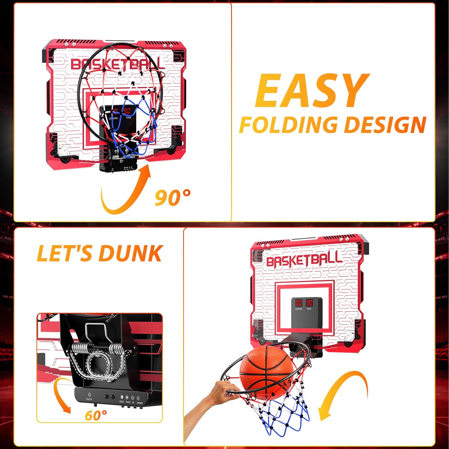 Indoor Mini Basketball Hoop for Kids - Over The Door Basketball Hoop with Cool LED Light/Sound Effect/Scoreboard/3 Balls, Sports Toys Birthday Gifts for 6 7 8 9 10 11 12 Year Old Boys Teens