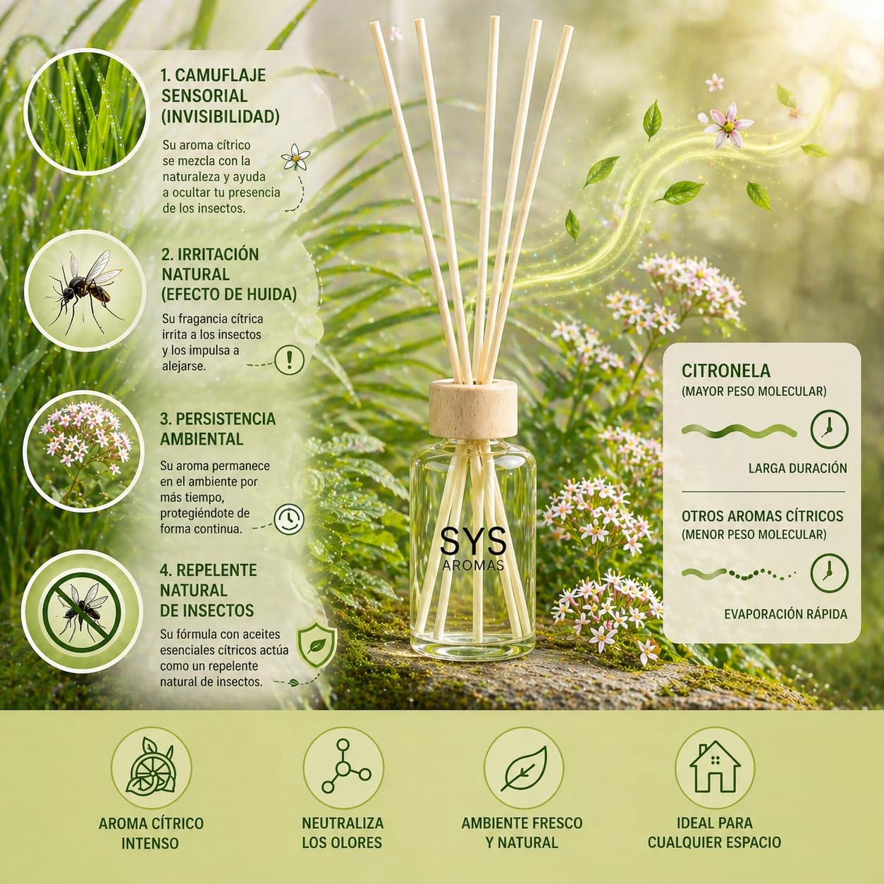 Ambientador Mikado Citronela 50ml SYS Aromas Antimosquitos Natural y Eficaz | Protege tu hogar de mosquitos e insectos con citronela natural, aroma fresco y duración hasta 4 semanas. Fabricado en España