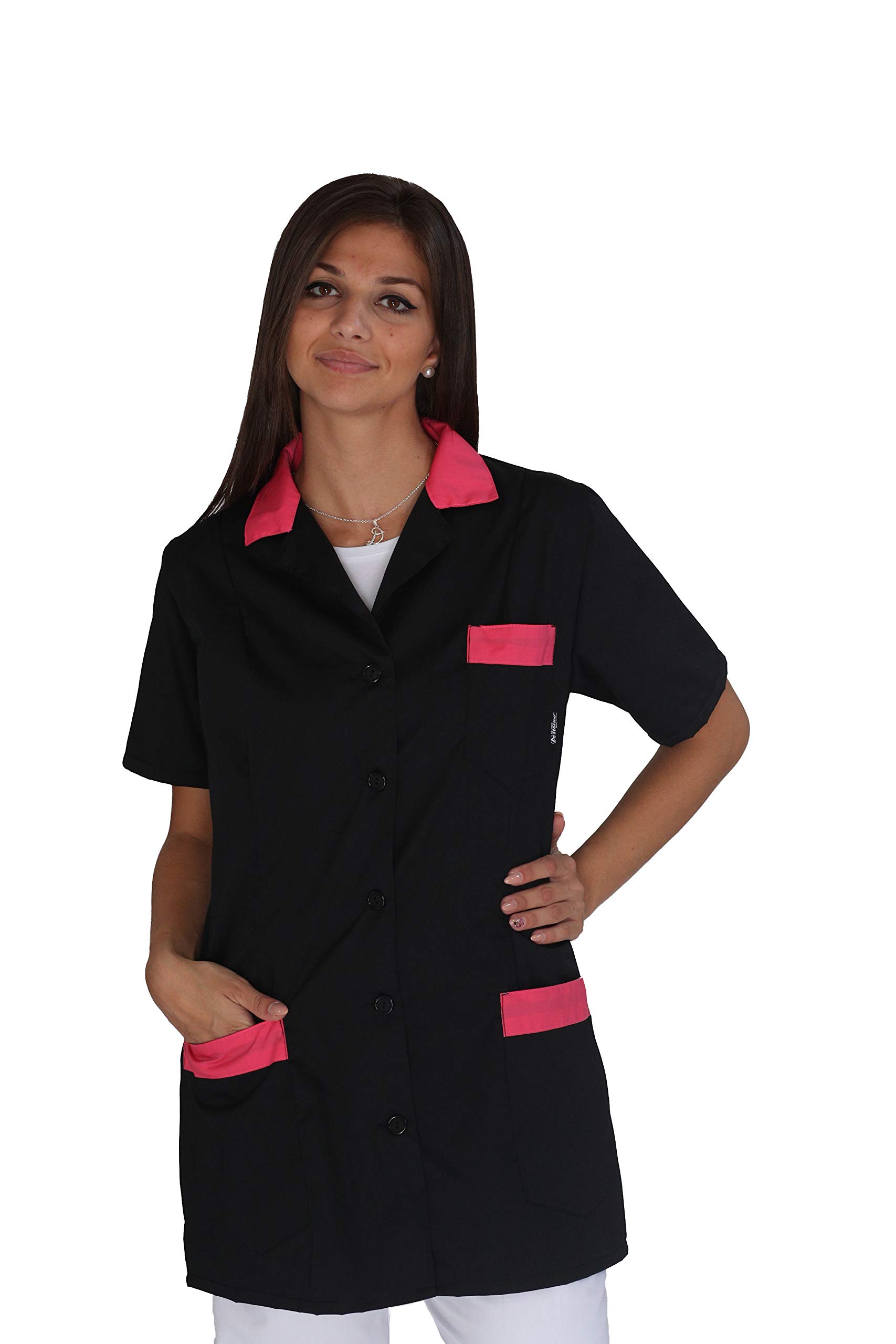 Ricamo Gratuito Camice da Lavoro Donna - Nero e Fuxia - Divisa per Maestra, Imprese di Pulizia, Parrucchiera, Estetista, Scuola Infanzia - Casacca Personalizzata