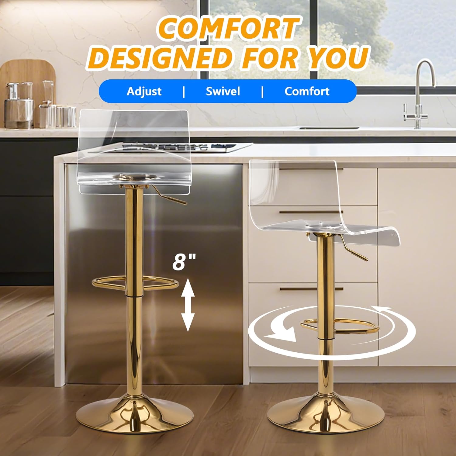 Lessmore Clear Bar Stools Set of 4, Acrylic Bar Stools Swivel, Transparent Bar Stool, Gold Bar Stool Adjustable Height, Modern Bar Chairs for Kitchen, Dining Room, Gold