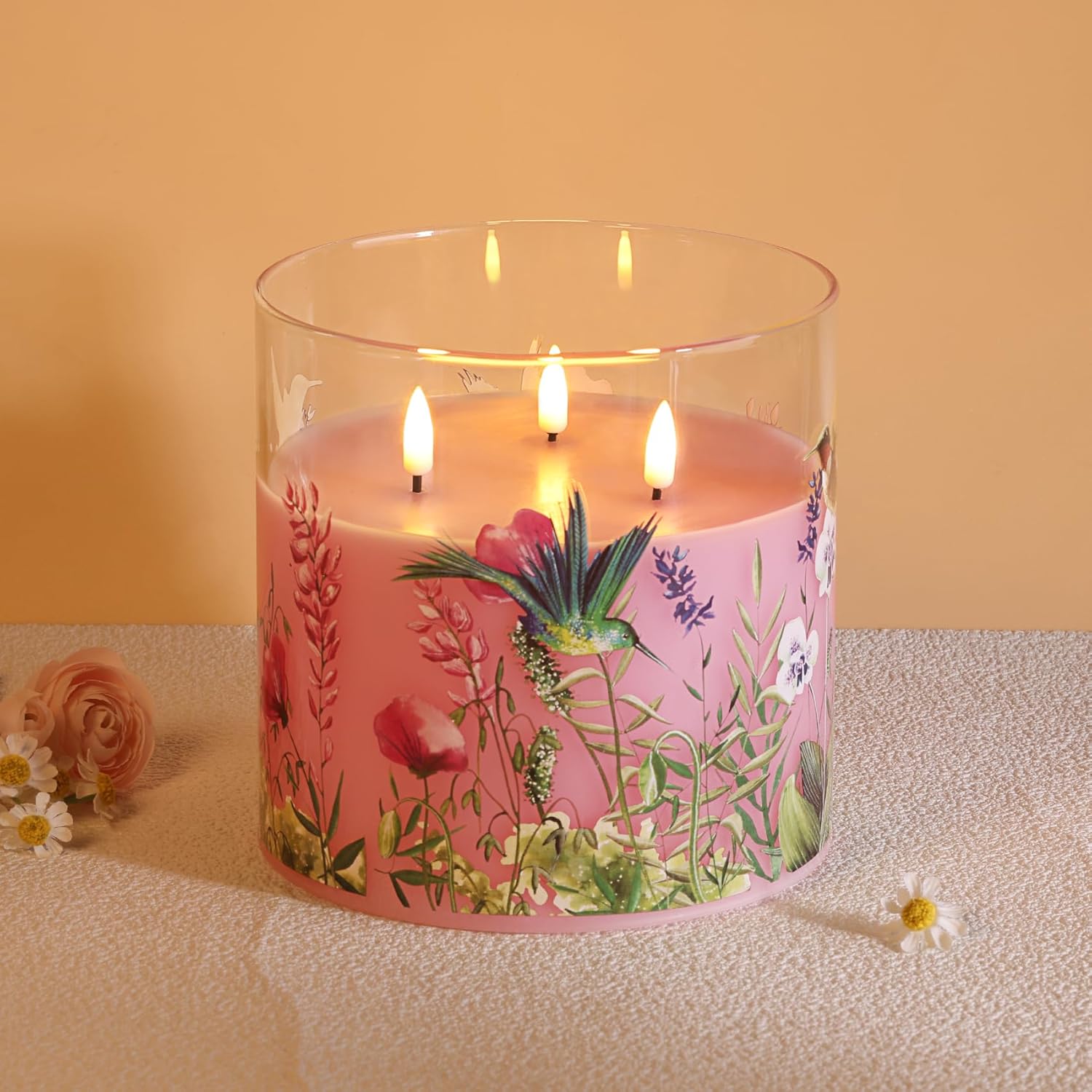 3 Wick Pink Hummingbird Glass Flameless Candle with Remote, Large 6x6 inch LED Pillar Candle Battery Operated Flickering Spring Home Decor Gift