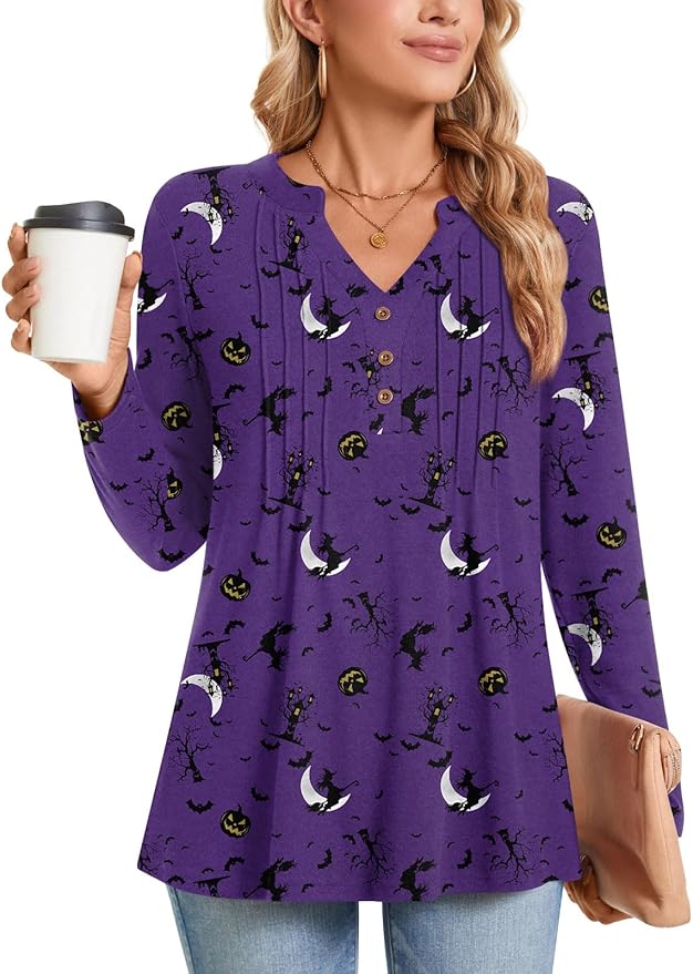 Bestbee Women's Long Sleeve Tunic Top - V Neck Pleated Blouse, Button-Down Shirt For Fall 2024, Casual & Dressy