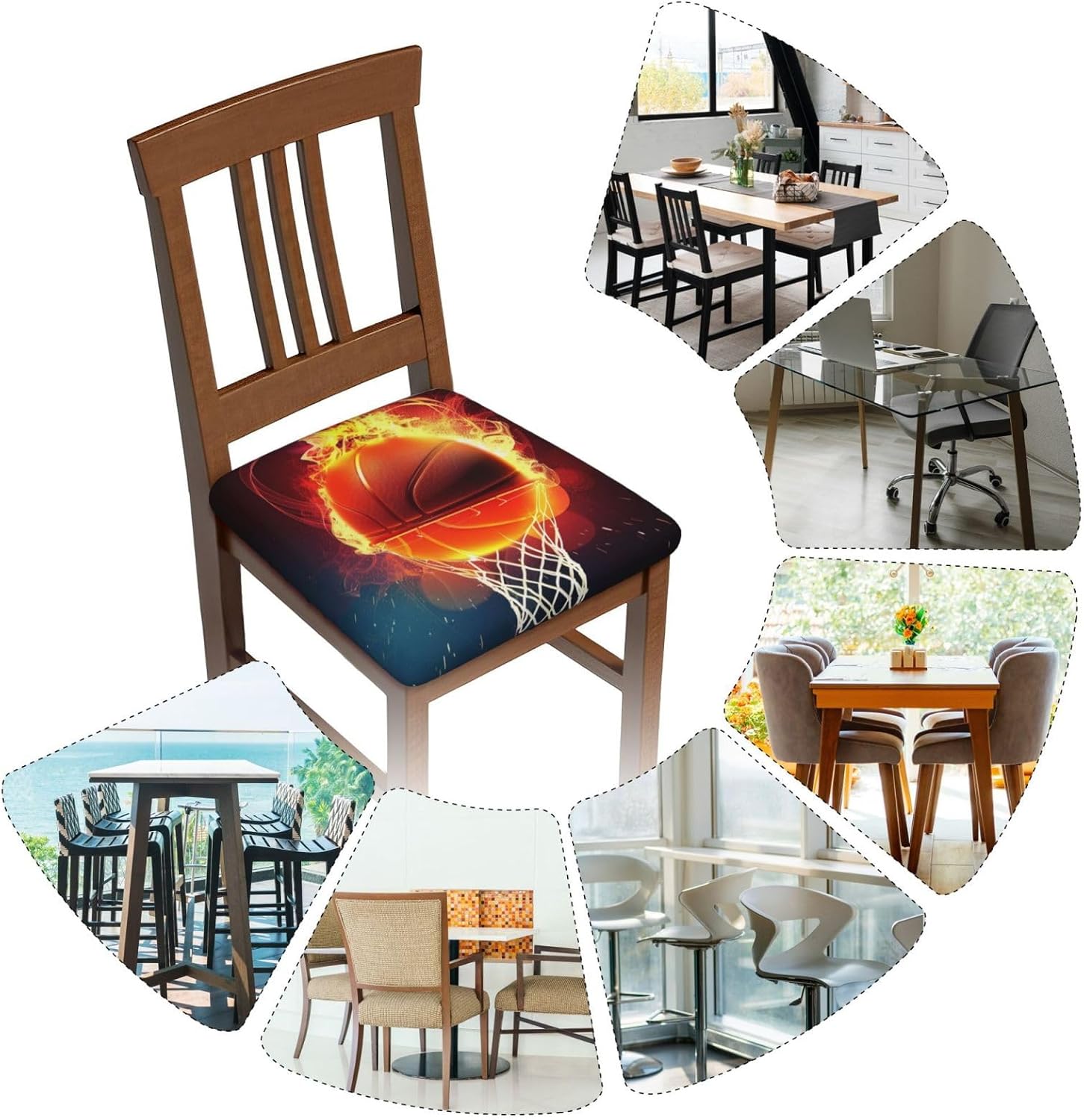 Basketball Print Square Cushion Covers 6 Pcs Set Elastic Non-Slip Seat Cushion Slipcovers Pet Furniture Protectors for Chair, Sofa