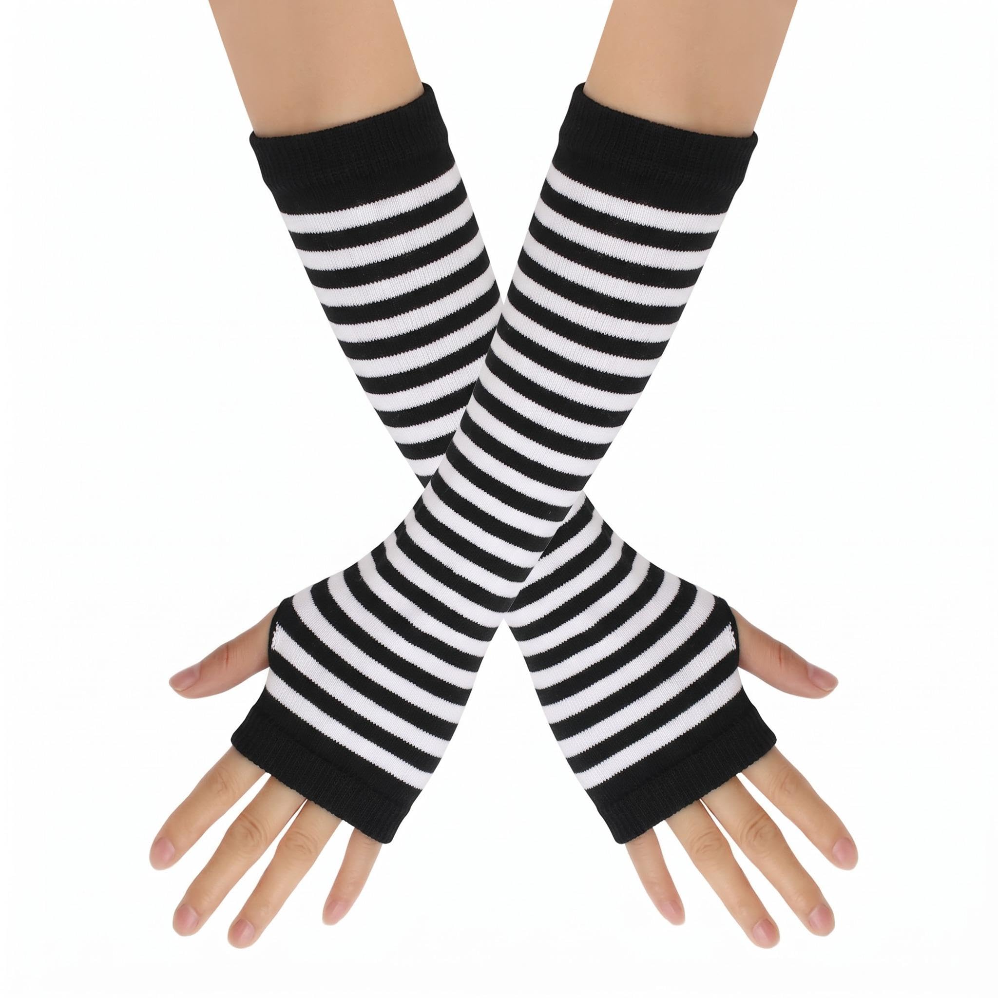 Leryavow Striped Punk Gothic Rock Long Arm Warmer Fingerless Gloves X Black White