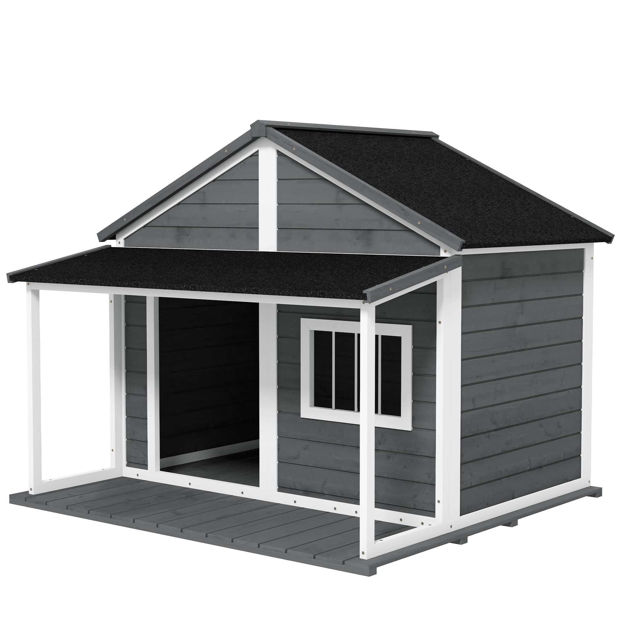 PawHut Cuccia per Cani da Esterno con Tetto in Bitume Impermeabile, Casetta per Cani in Legno Massello con Finestra e Terrazza, 124x112x105cm, Grigio