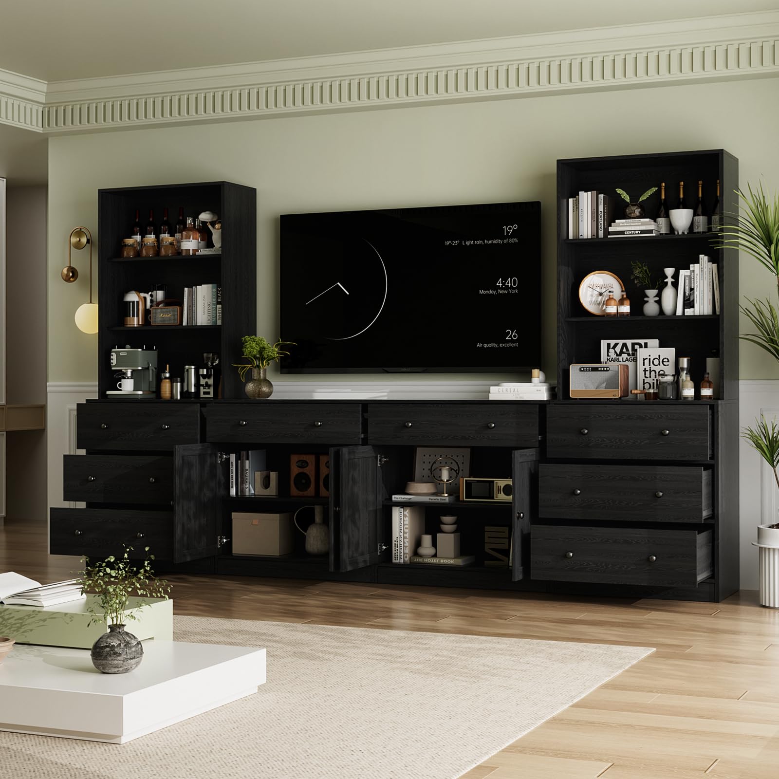 VOWNER 4PSC Großer TV-Schrank mit Bücherregalen für Fernseher bis zu 70 Zoll, 280 cm Long tv Ständer mit gehärteten Glastüren und Einlegeböden, fernsehschrank für Wohnzimmer, 2A+2C (Schwarz)