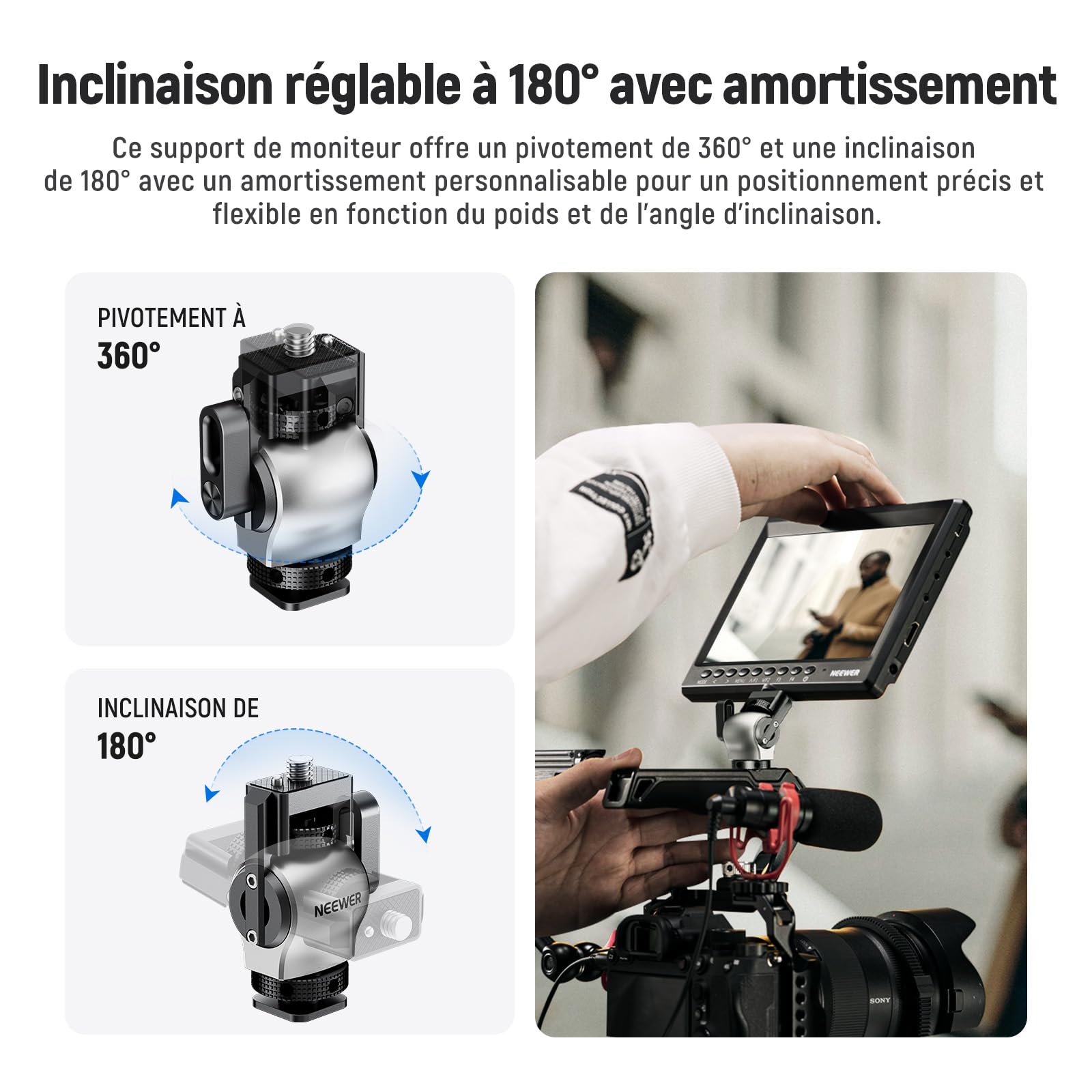 NEEWER Support De Moniteur De Terrain Avec Vis De 6,35 Mm, Pivotant à 360°, Inclinaison à 180°, Vis Anti-Torsion, Compatible Avec Atomos Ninja 5" Et