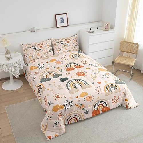 Miniatura 3 de Juego de edredón bohemio con diseño de arco iris para niñas, estilo de mediados de siglo, bohemio, sol, hojas botánicas, floral, juego de ropa de
