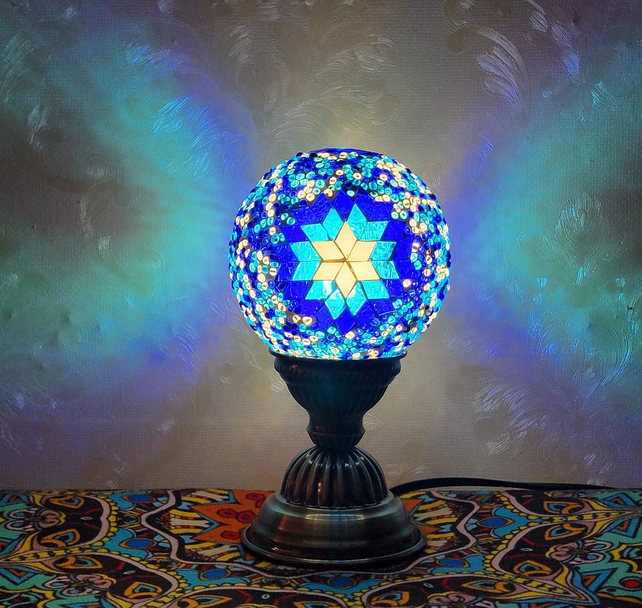 Maimeili Retro Turkish Mosaic Vase Lamp Turkish Moroccan Table Lamp Colorful Handmade Glass Vase with Wood Base for Flowers USB Charge Decor Light for Bedroom Ambient Living Room Farmhouse