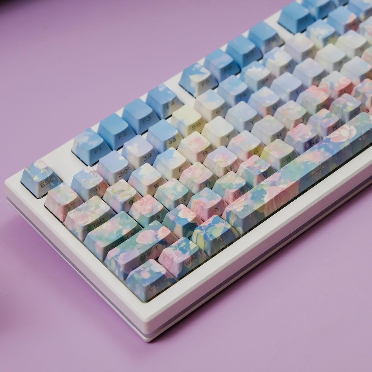 Rose Theme Side Print Shine Through PBT Keycap, Orange & Blue & Pink Custom Cherry Keycap for Mechanical Gaming Keyboard, 131 Keys, Dye Sublimation, MX Structure
