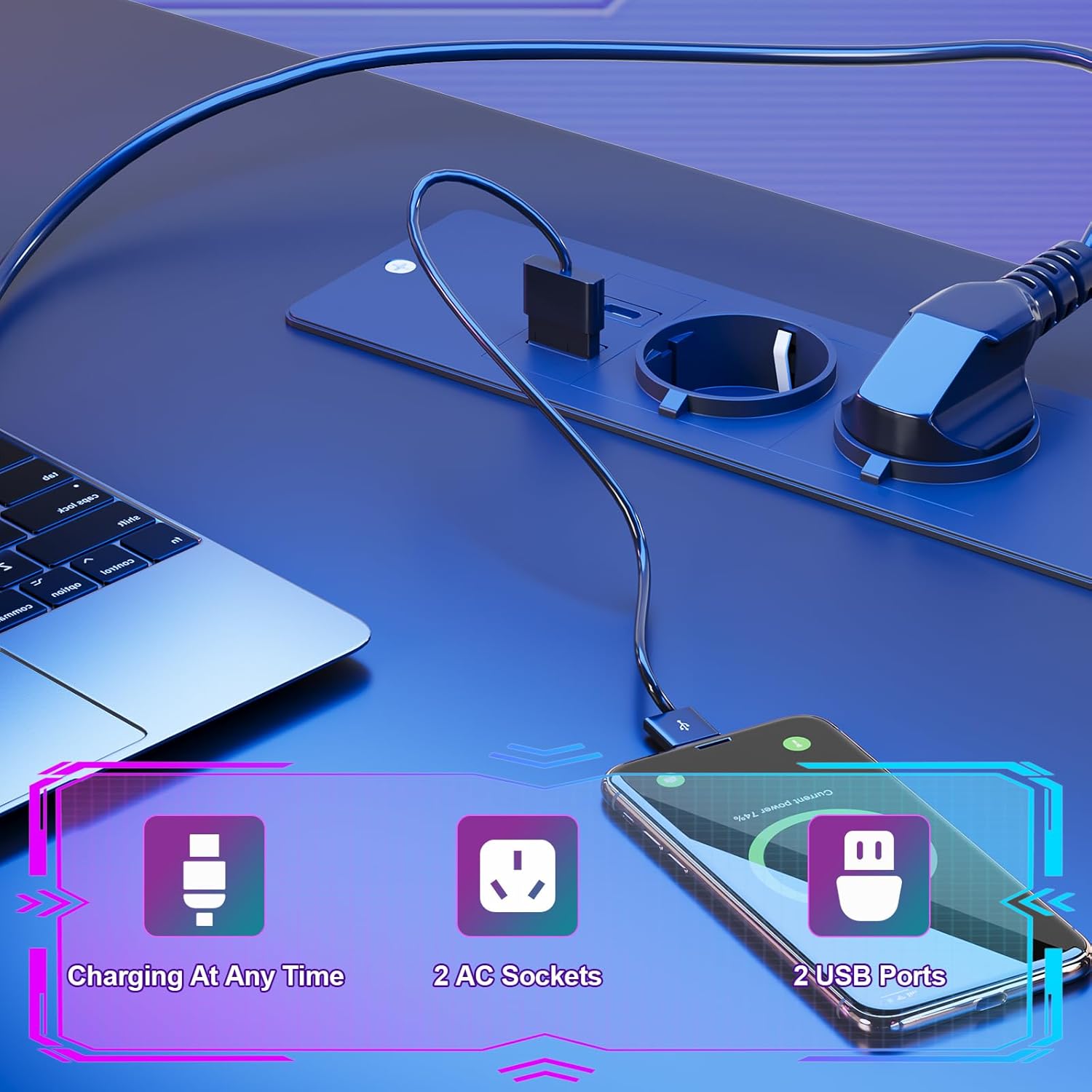 Close-up of the integrated power hub with 2 AC sockets and 2 USB ports, showing a laptop and smartphone charging.