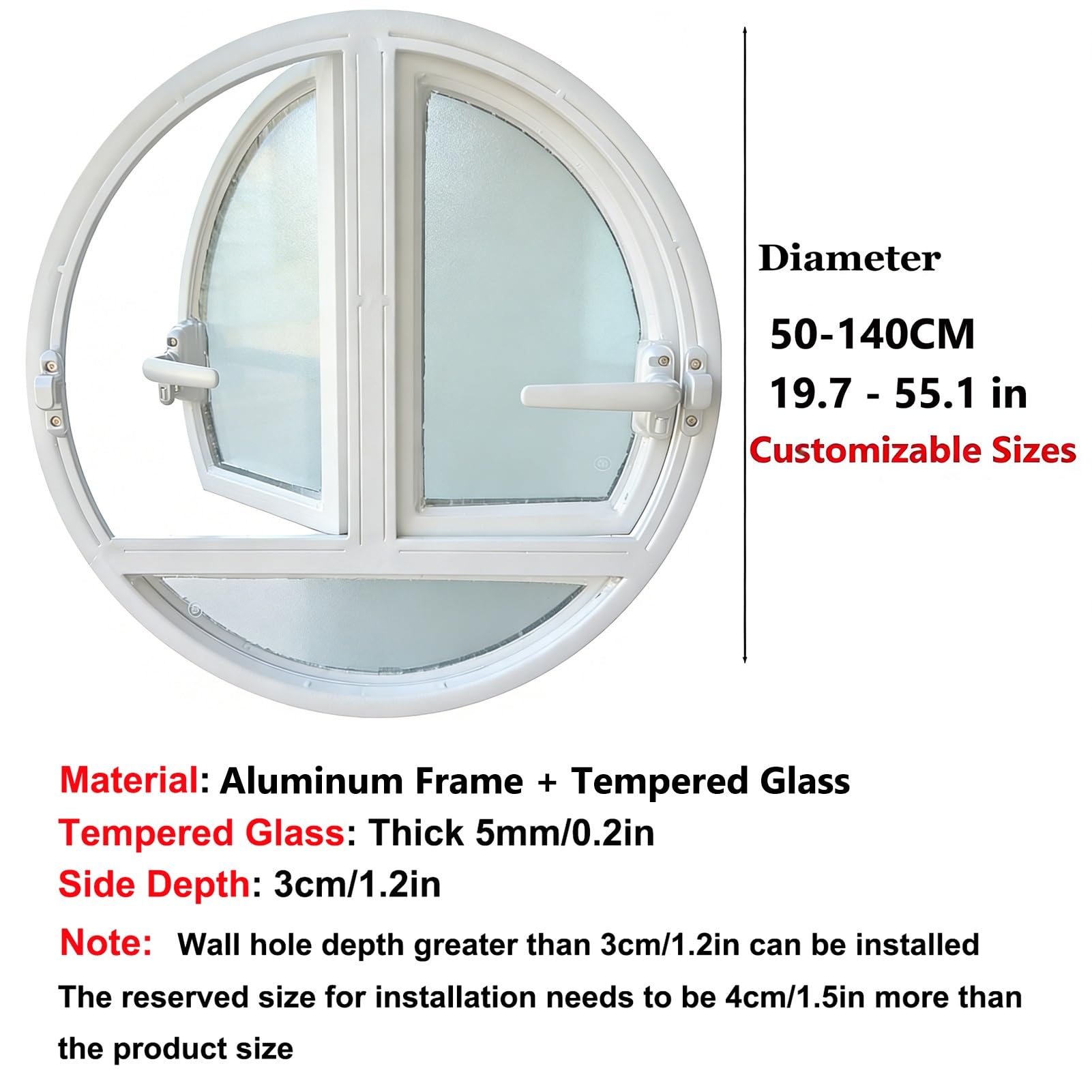 Ventana Redonda de Doble Apertura con Cristal Templado, diseño Empotrado para el hogar, Ideal para baños, Salas de Estar, hoteles y cafeterías.