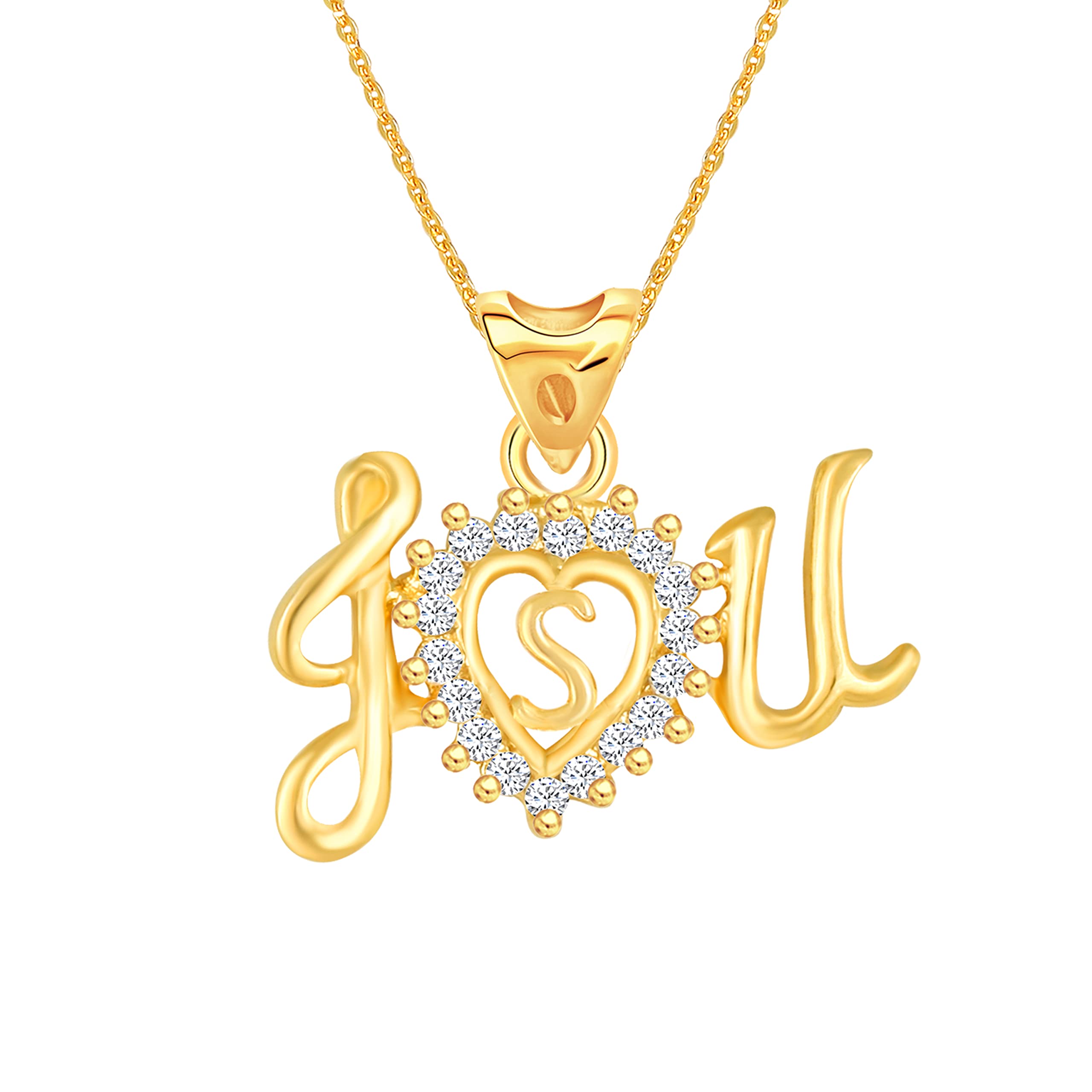 Pendant for Women Girls Wife Girlfriend lovers American Diamond Crystal CZ AD Brass Chain Necklace Pendent Gold Pendant Locket I Love U Heart Initial Name S Letter Alphabet Valentine gift -41-image-49