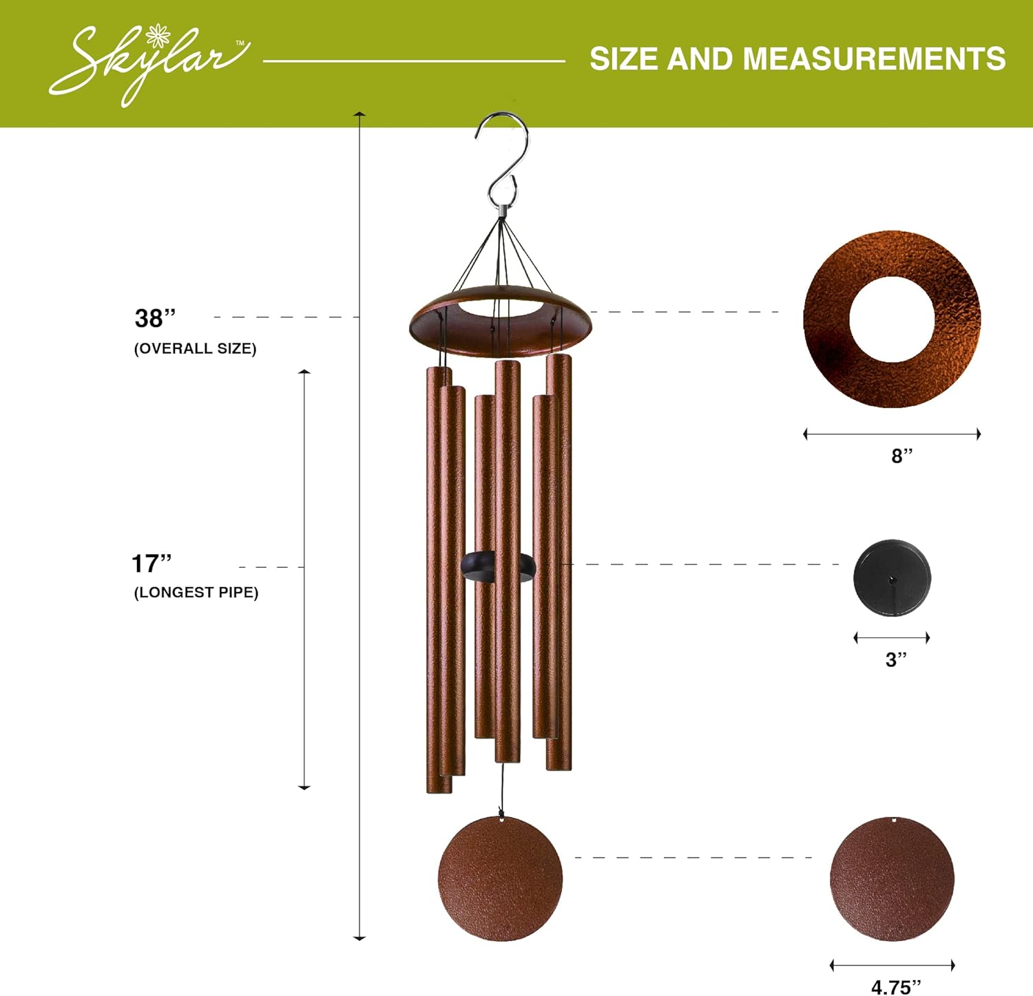 Skylar Aluminum Wind Chimes – 38 Inch Outdoor Wind Chimes with Brushed Copper Finish, Deep Tone Metal Chimes with Adjustable Striker & Wind Sail, Patio, Porch, Garden & Memorial Decor