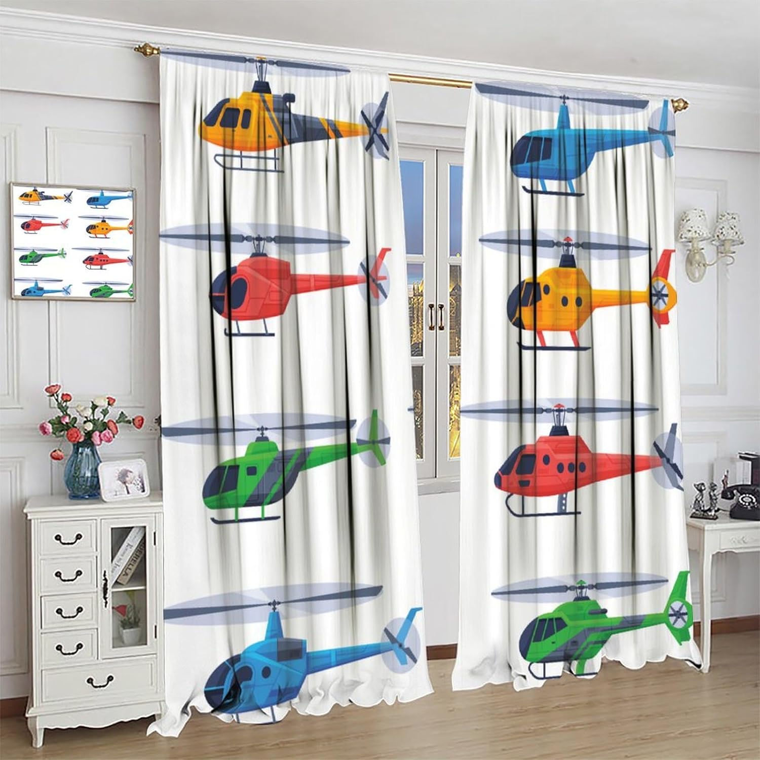 Cartoon Helicopter Curtains Aircraft for Boys Teens Colorful Plane Blackout Window Drapes for Kids Bedroom Living Room Kitchen Cafe Decor （W26xL84 Inch） x2 Panels