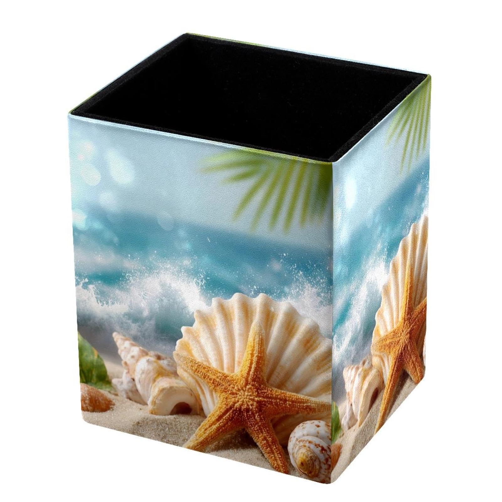 VAPOKF Pencil Holders for Desk, Beach Starfish Printed Pen Holders Pen Pot Makeup Brushes Storage Desktop Stationery Supplies Organiser for Home Office
